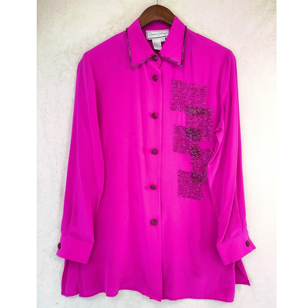 VINTAGE 100% SILK Blouse 90s Pink Button‎ Down Beaded Long Sleeve Sparkle Barbie